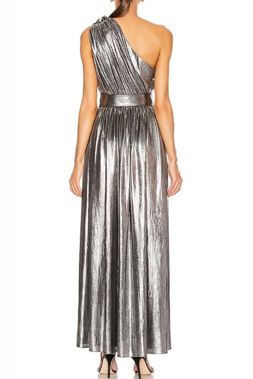 Sheen Metallic One Shoulder Slit Cutout Prom Maxi Dresses - Image 4