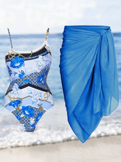 Fashion Colorblock Floral Print One-Piece Swimsuit Set