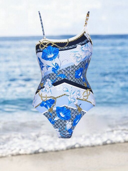 Fashion Colorblock Floral Print One-Piece Swimsuit Set - Image 4