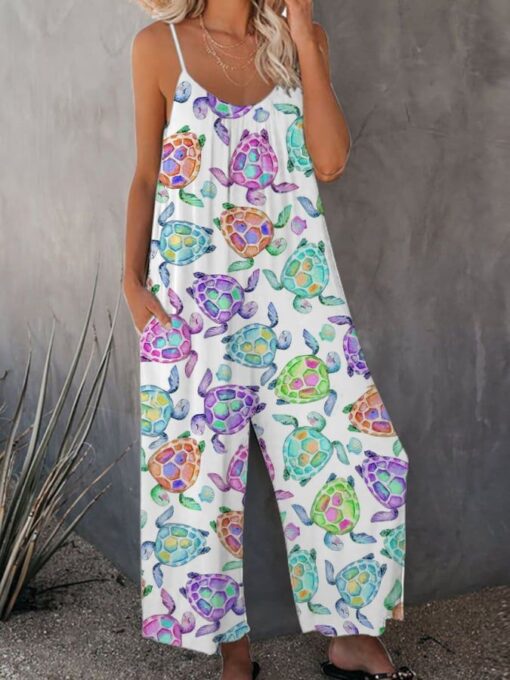 Women's Sea Turtle Print Casual Suspenders Jumpsuit