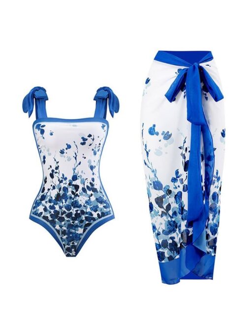 Women's Vintage Floral Print One-Piece Swimsuit Set