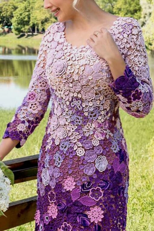 Irish Crochet Lace Gradient Purple Pattern Midi Dress - Image 2