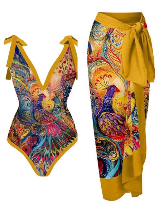 Deep V Vintage Abstract Print One-Piece Swimsuit Set - Image 5