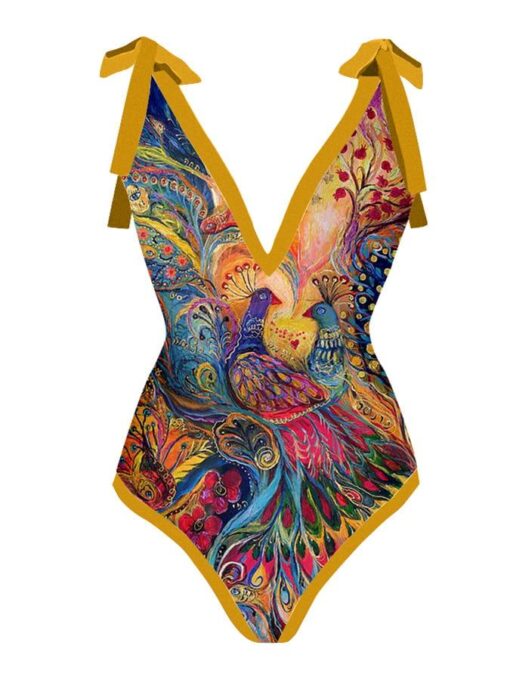 Deep V Vintage Abstract Print One-Piece Swimsuit Set - Image 6