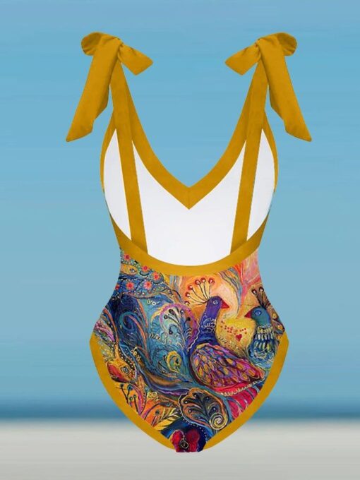 Deep V Vintage Abstract Print One-Piece Swimsuit Set - Image 3