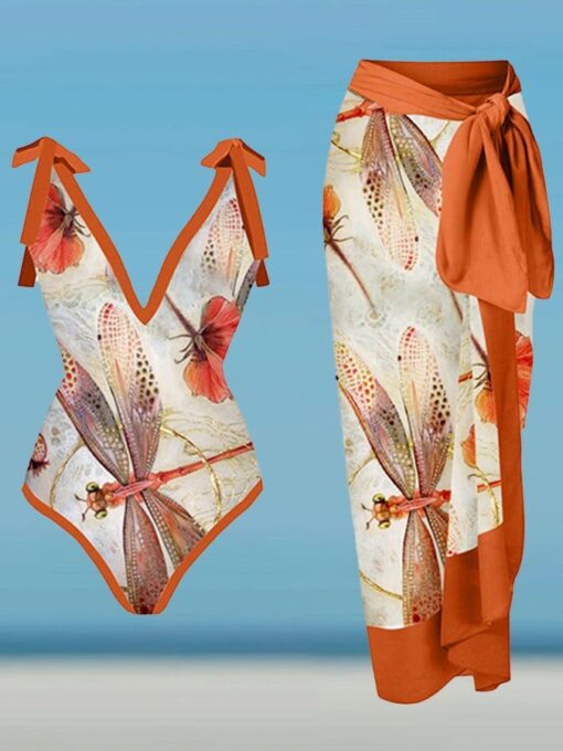 Fashion Print V-Neck One Piece Swimsuit Set