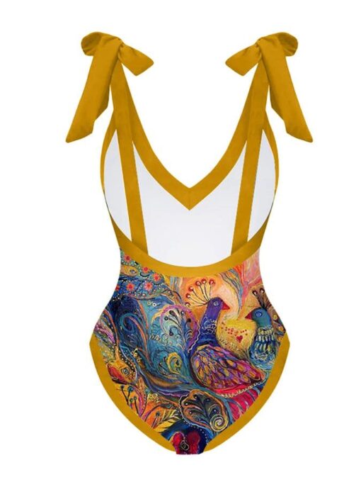 Deep V Vintage Abstract Print One-Piece Swimsuit Set - Image 8