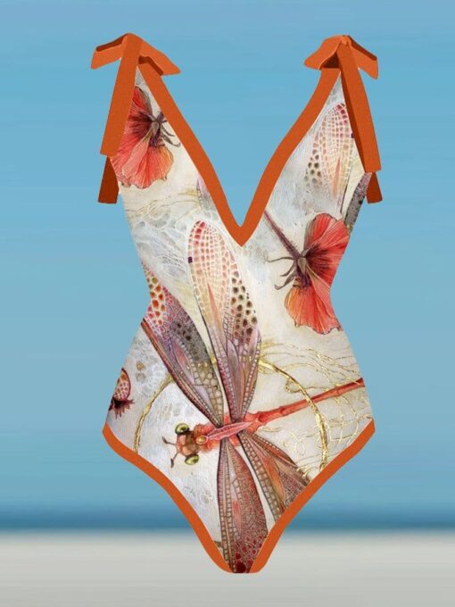 Fashion Print V-Neck One Piece Swimsuit Set - Image 2