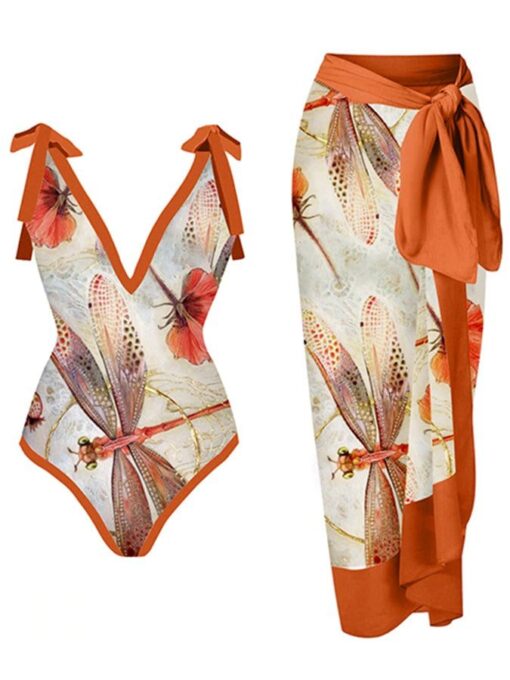 Fashion Print V-Neck One Piece Swimsuit Set - Image 5