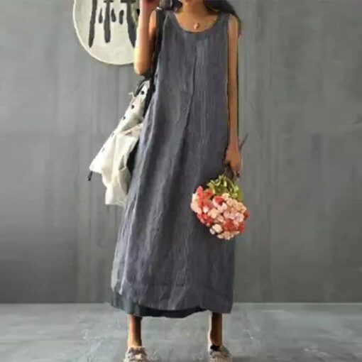 Women's Cotton Linen Solid Long Sleeve Dress