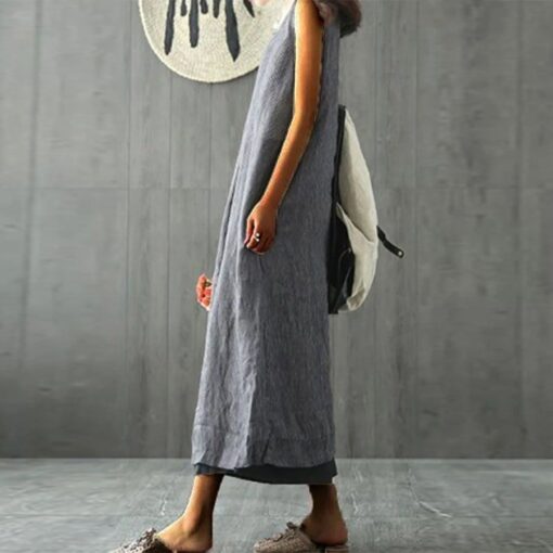 Women's Cotton Linen Solid Long Sleeve Dress - Image 3