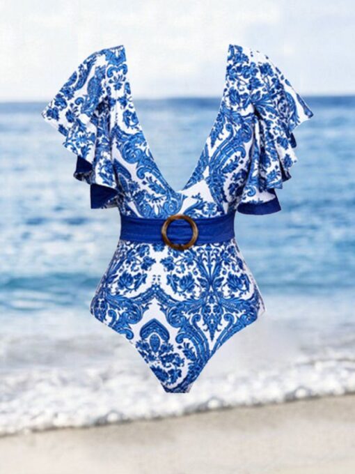 Deep V Ruffle Print One-Piece Swimsuit Set - Image 2