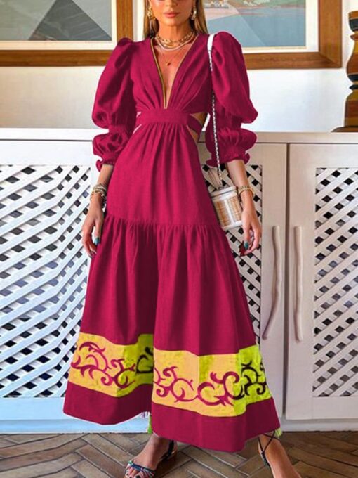 Woven Long-Sleeve Contrasting Color V-Neck Swing Dress