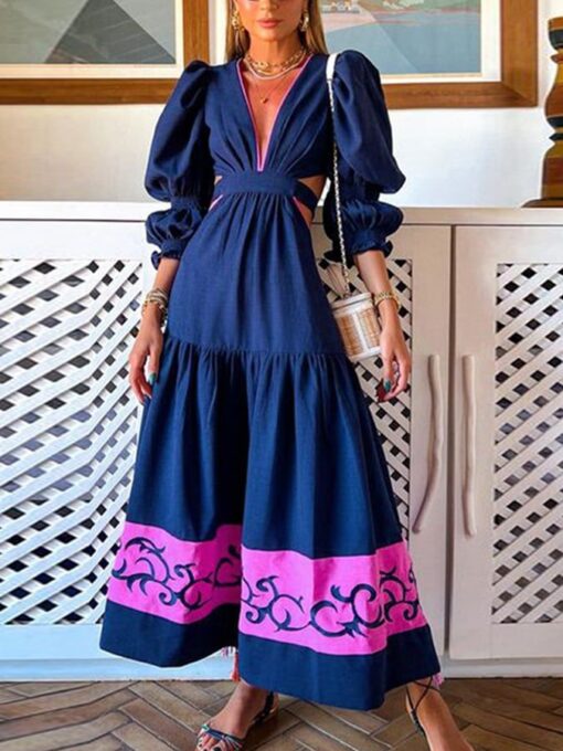 Woven Long-Sleeve Contrasting Color V-Neck Swing Dress - Image 2