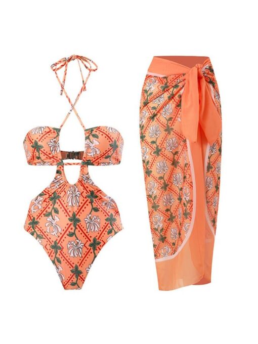 Women's Vintage Floral Print Halter Swimsuit Set