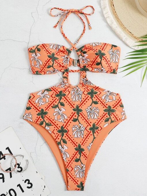 Women's Vintage Floral Print Halter Swimsuit Set - Image 4