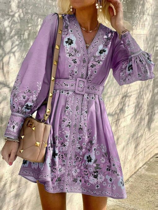 Long Sleeve V Neck Loose Printed Bohemian Dress