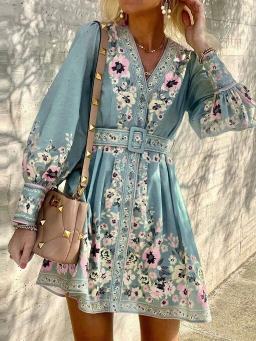 Long Sleeve V Neck Loose Printed Bohemian Dress - Image 2