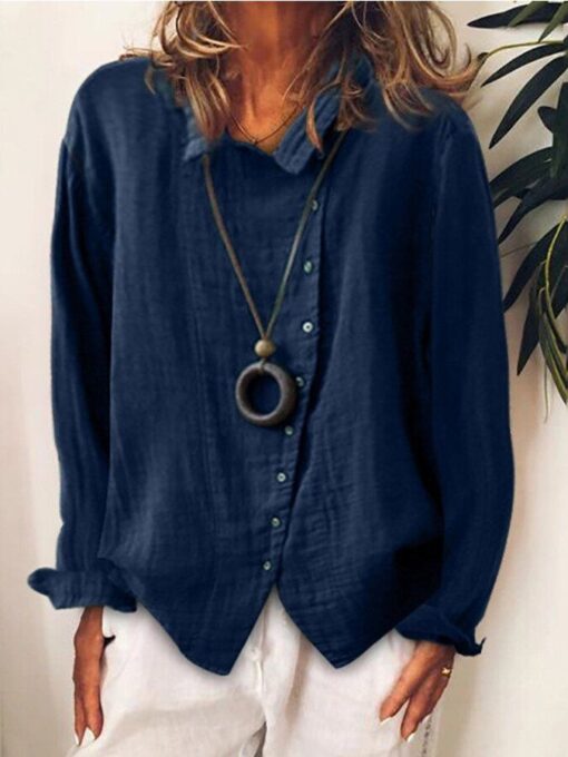 Ladies cotton and linen loose solid color temperament shirt - Image 2