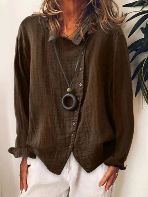 Ladies cotton and linen loose solid color temperament shirt - Image 4