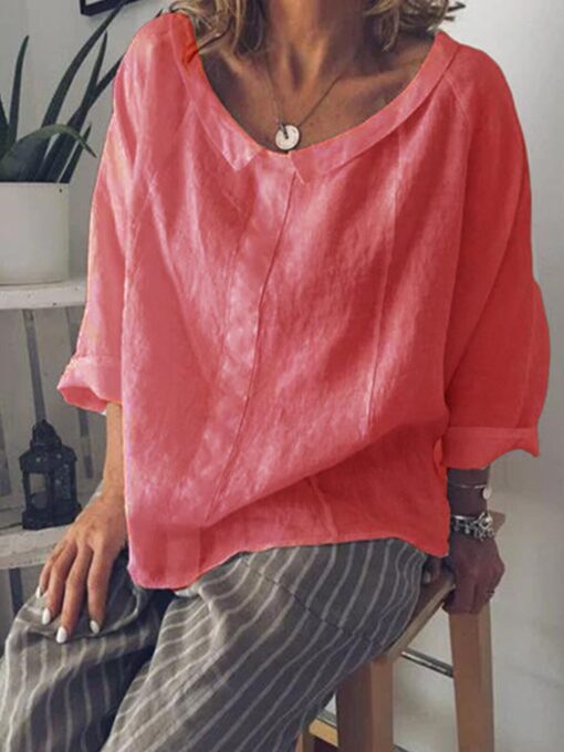 Women's Solid Color Small Lapel Pullover Cotton Linen Shirt - Image 4