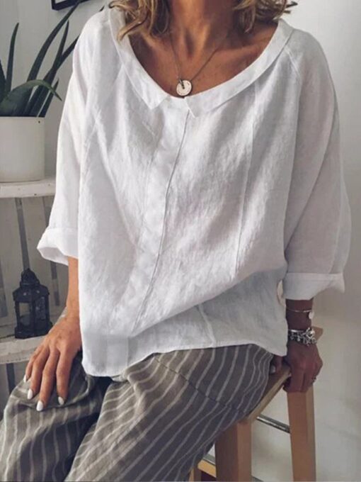 Women's Solid Color Small Lapel Pullover Cotton Linen Shirt - Image 2