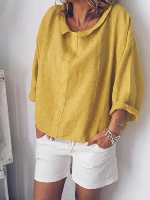 Women's Solid Color Small Lapel Pullover Cotton Linen Shirt - Image 6