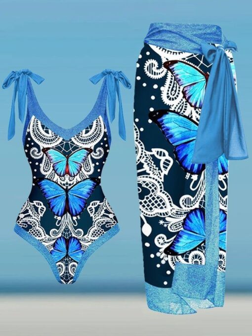 Women's V Neck Butterfly Print Swimsuit Cover Up Set