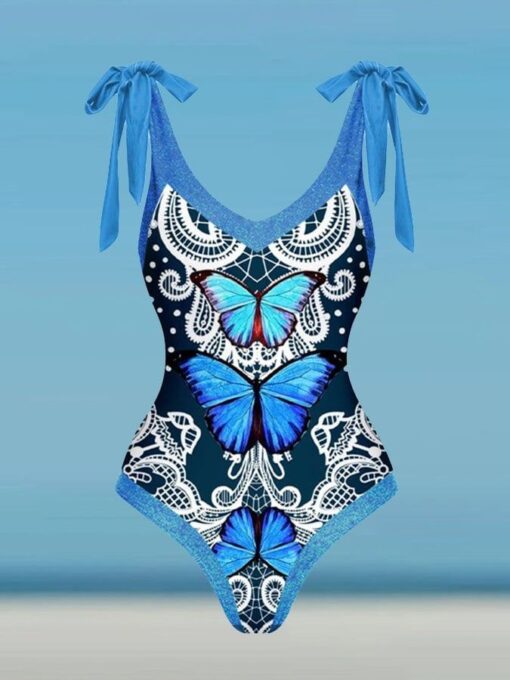 Women's V Neck Butterfly Print Swimsuit Cover Up Set - Image 3