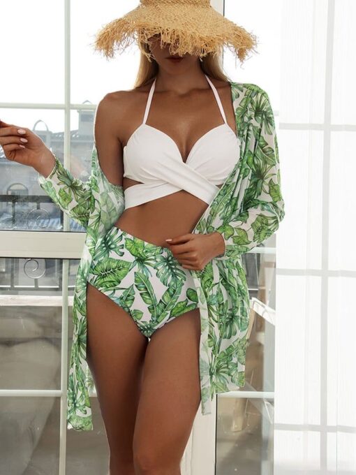 Sexy printed three-piece bikini sunscreen swimsuit cover-up