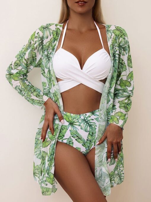 Sexy printed three-piece bikini sunscreen swimsuit cover-up - Image 3