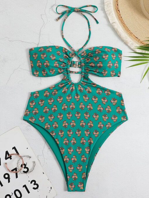 Women's Vintage Floral Print Halter Swimsuit Set - Image 2