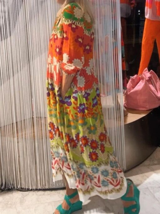 Color-Block Floral Printed Long Sleeves Loose V-Neck Maxi Dresses