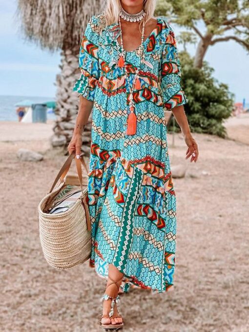 Floral Printed Half Sleeves Loose V-Neck Maxi Dresses - Image 2