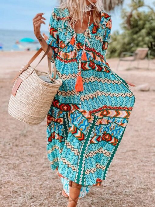 Floral Printed Half Sleeves Loose V-Neck Maxi Dresses