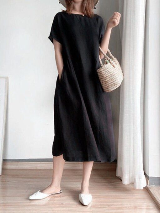 Women's Simple Literary Loose Solid Color Shift Dress - Image 5