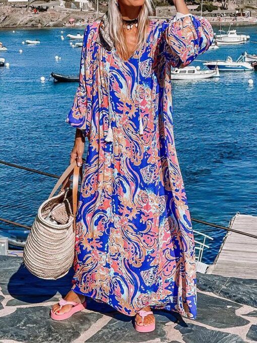 Floral Printed Half Sleeves Loose V-Neck Maxi Dresses