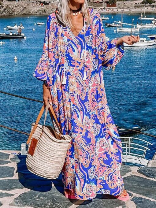 Floral Printed Half Sleeves Loose V-Neck Maxi Dresses - Image 3