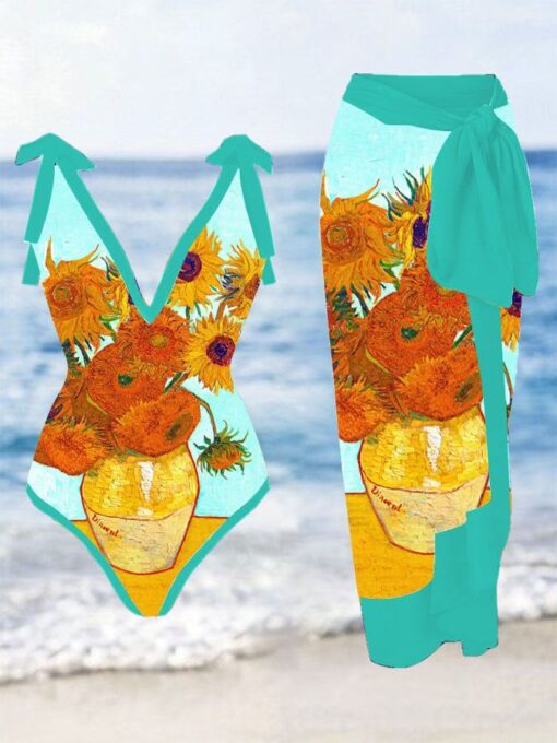 Women's Van Gogh sunflower oil painting V-neck swimsuit blouse set