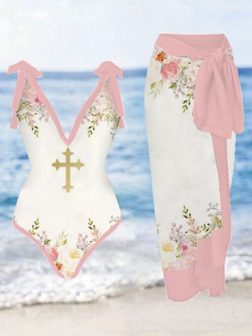 Women's Vintage Oil Painting Floral Faith Cross V-Neck Swimsuit Blouse Set