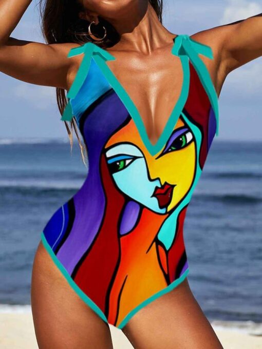 Fashion Colorblock Abstract Print One-Piece Swimsuit Set - Image 2