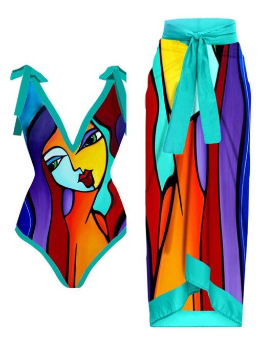 Fashion Colorblock Abstract Print One-Piece Swimsuit Set - Image 5