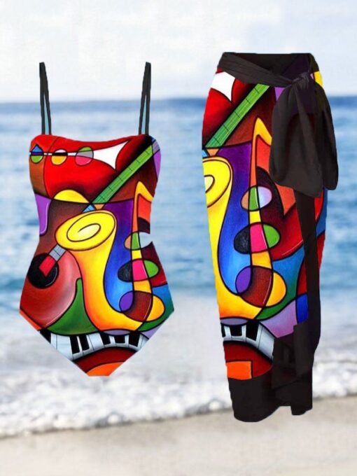 Colorful Geometric Print Swimsuit And Apron