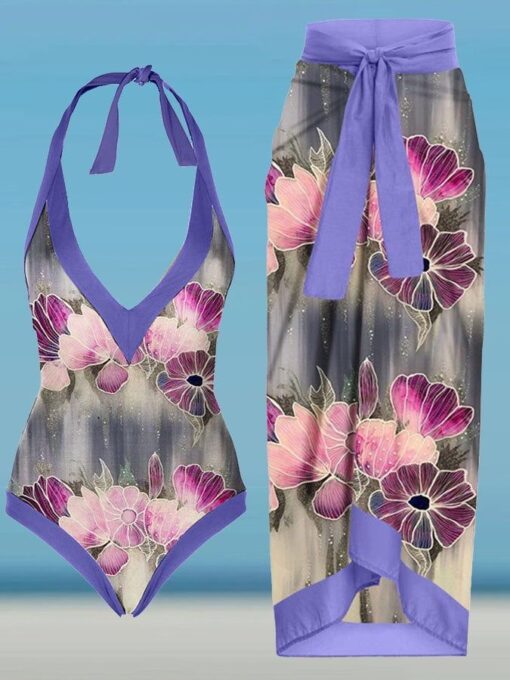 Women's Floral Halter Neck V-Neck Swimsuit Cover-Up Set