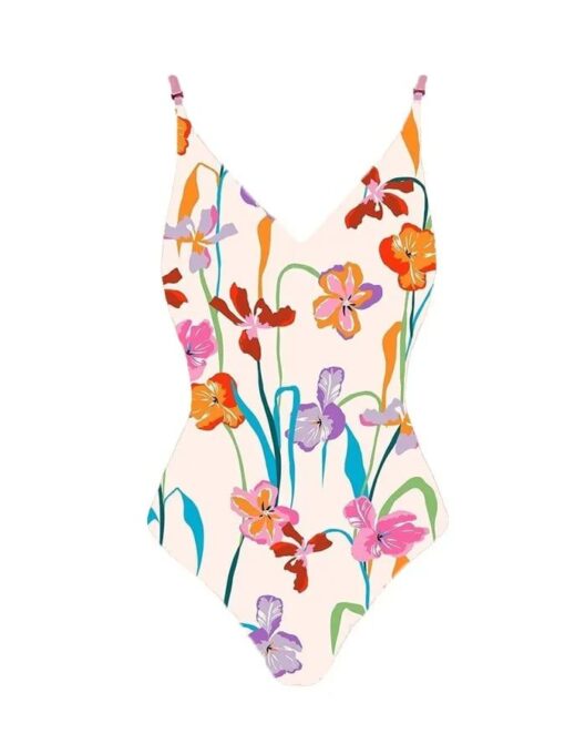 Women's oil painting floral V-neck swimsuit blouse set - Image 4