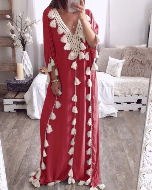 Tassel V-neck Smocked Robe Dress - Image 4