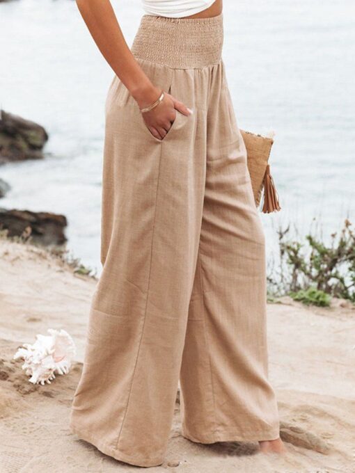 Women's Casual High Waist Trousers Solid Color Cotton Linen Loose Wide Leg Pants - Image 4