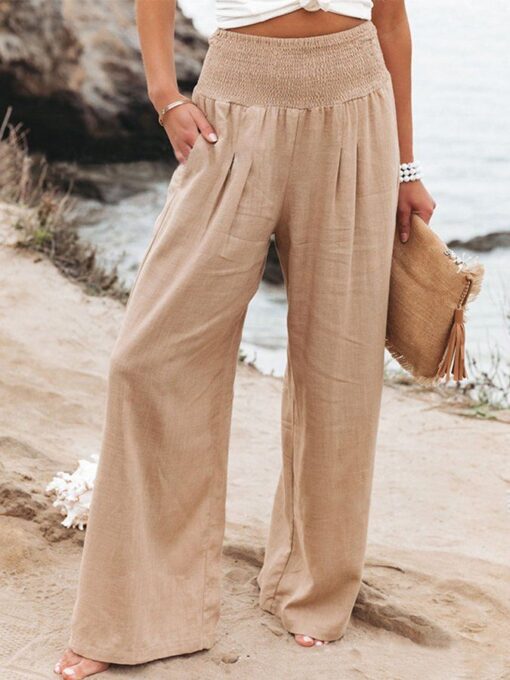 Women's Casual High Waist Trousers Solid Color Cotton Linen Loose Wide Leg Pants - Image 8