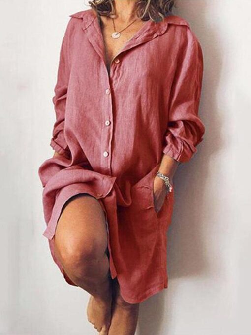 Women's Casual Pure Color Cotton Shirt Dress - Image 4