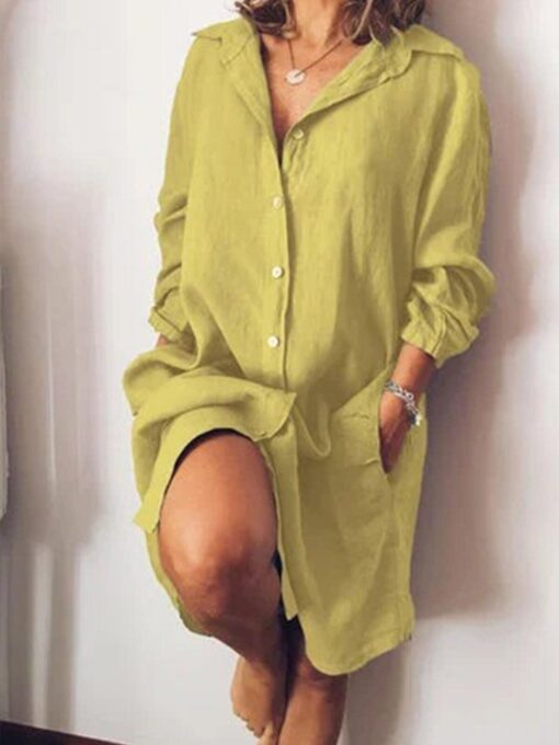 Women's Casual Pure Color Cotton Shirt Dress - Image 5